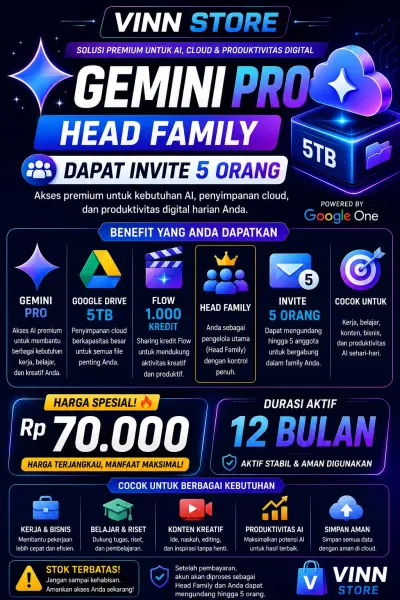 [PROMO] GOOGLE DRIVE 5TB + GEMINI PRO 12 BULAN HEAD