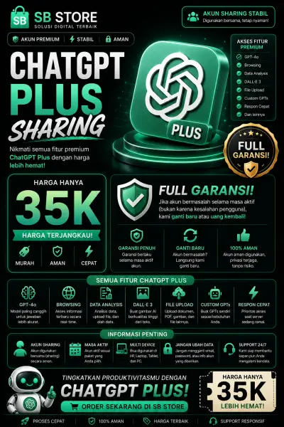 CHATGPT PLUS SHARING FULL GARANSI 1 AKUN 5 USER