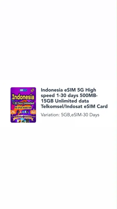 Indonesia eSIM 5G High speed 1-30 days 500-15gb Unlimited data Telkomsel/Indosat e SIM CARD